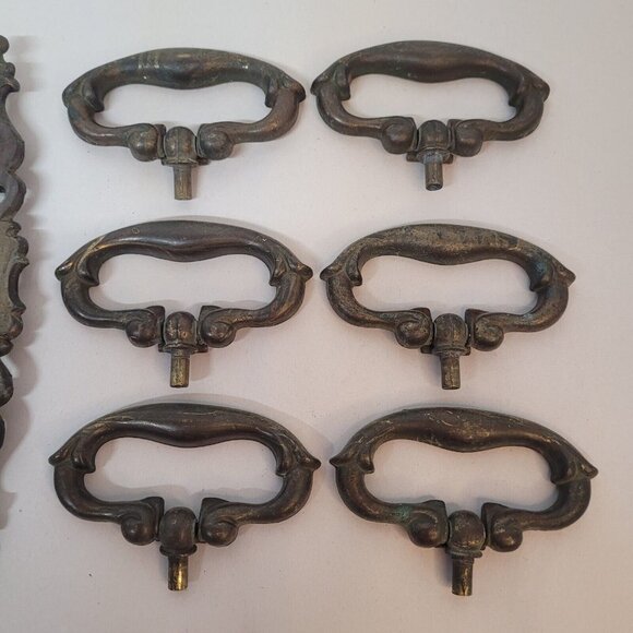 Vintage Metal Brass Hardware Drawer Pulls & Covers 14 Pc Set w Brackets - Picture 4 of 9